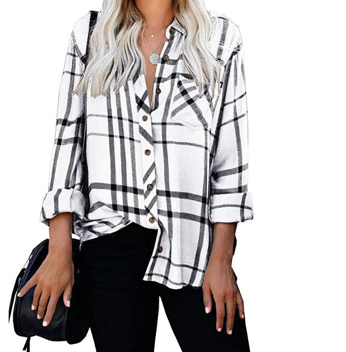 Women Oversize Shirt Blouse with Check Pattern, Chest Pocket and Roll-Up Sleeves Mune Fashion