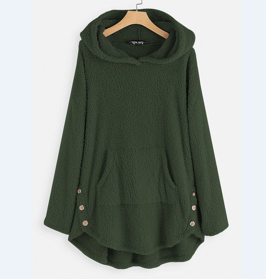 Women's cuddly teddy hoodie with kangaroo pocket, button placket on the sides and rounded hem Mune Fashion