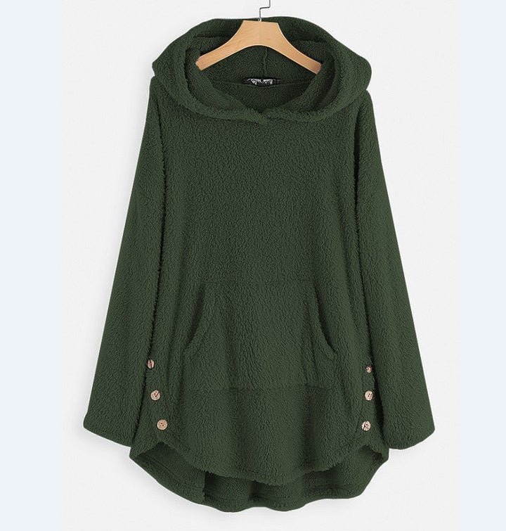 Women's cuddly teddy hoodie with kangaroo pocket, button placket on the sides and rounded hem Mune Fashion