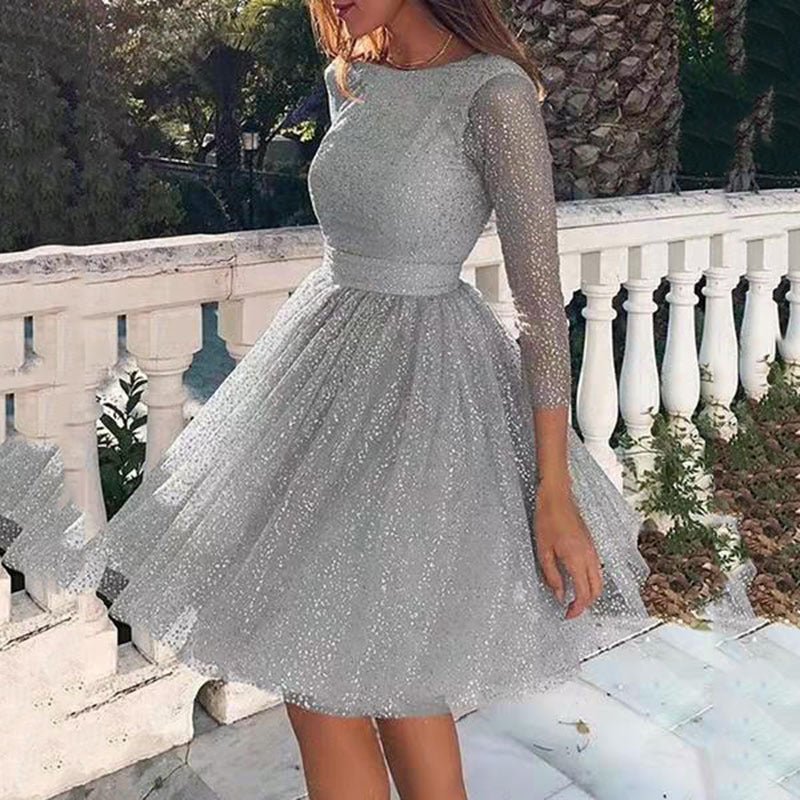 Women Elegant Tulle Dress with Transparent Sleeves Mune