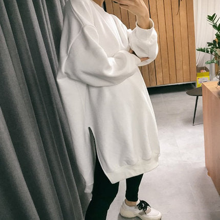 Women Oversized Sweat Dress with Ribbed Cuffs, Round Neckline and Extended Back Hem Mune Fashion