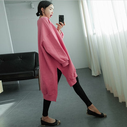 Women Oversized Sweat Dress with Ribbed Cuffs, Round Neckline and Extended Back Hem Mune Fashion