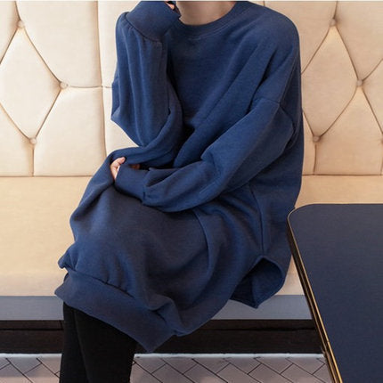 Women Oversized Sweat Dress with Ribbed Cuffs, Round Neckline and Extended Back Hem Mune Fashion