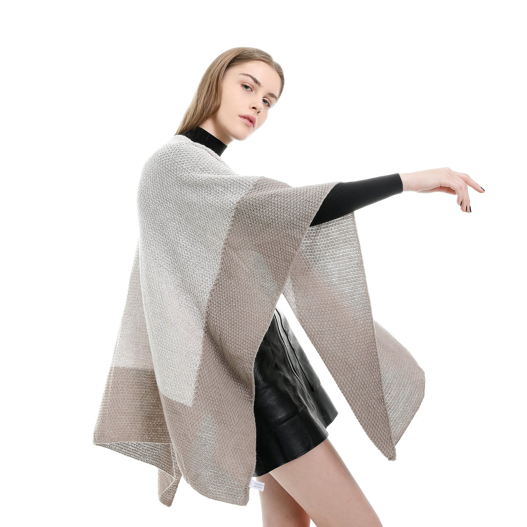 Women Open Knit Ruana with Waterfall Hem and Block Stripes Mune Fashion