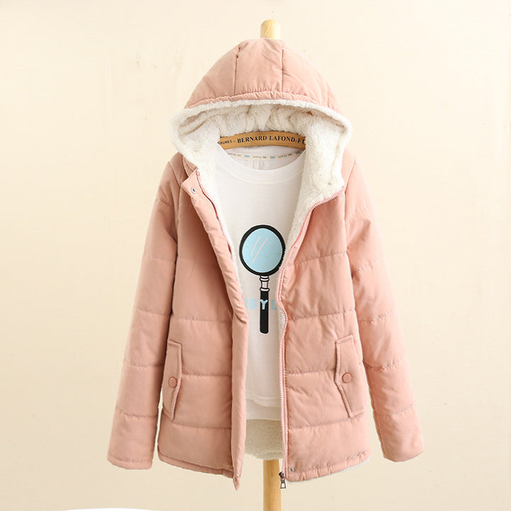 Women's quilted hoodie jacket with teddy lining, concealed snap button placket and patch pockets Mune Fashion