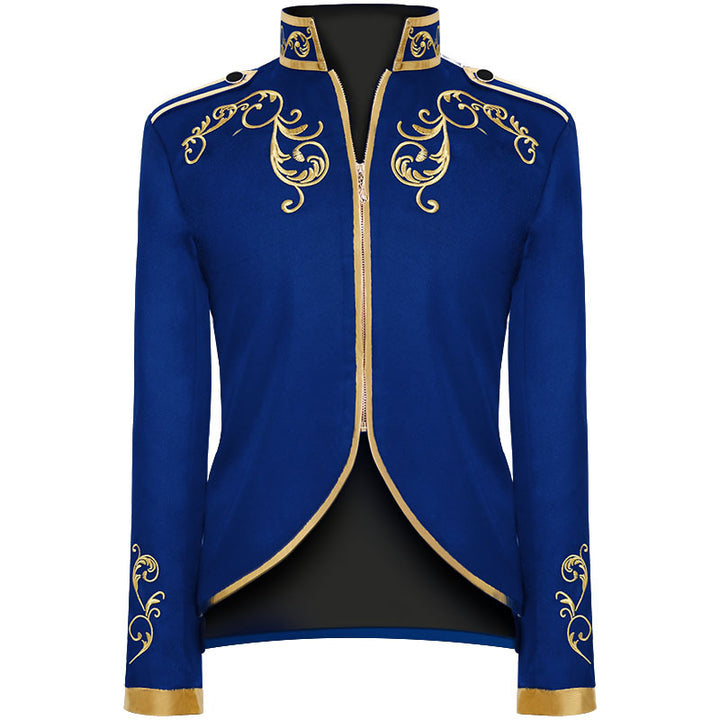Men's fitted brocade coat in military style with stand-up collar and decorative cord.