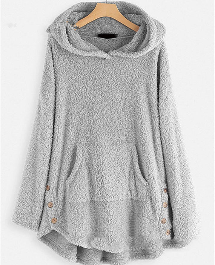 Women's cuddly teddy hoodie with kangaroo pocket, button placket on the sides and rounded hem Mune Fashion