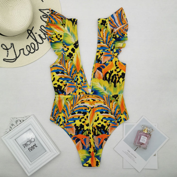 Women's One-Piece Swimsuit with Deep V-Neck and Cheerful Floral Pattern Mune Fashion