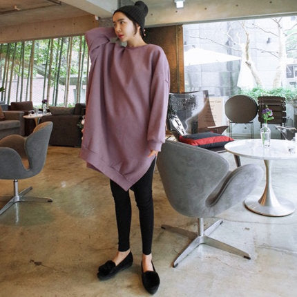 Women Oversized Sweat Dress with Ribbed Cuffs, Round Neckline and Extended Back Hem Mune Fashion