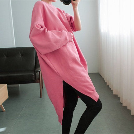Women Oversized Sweat Dress with Ribbed Cuffs, Round Neckline and Extended Back Hem Mune Fashion