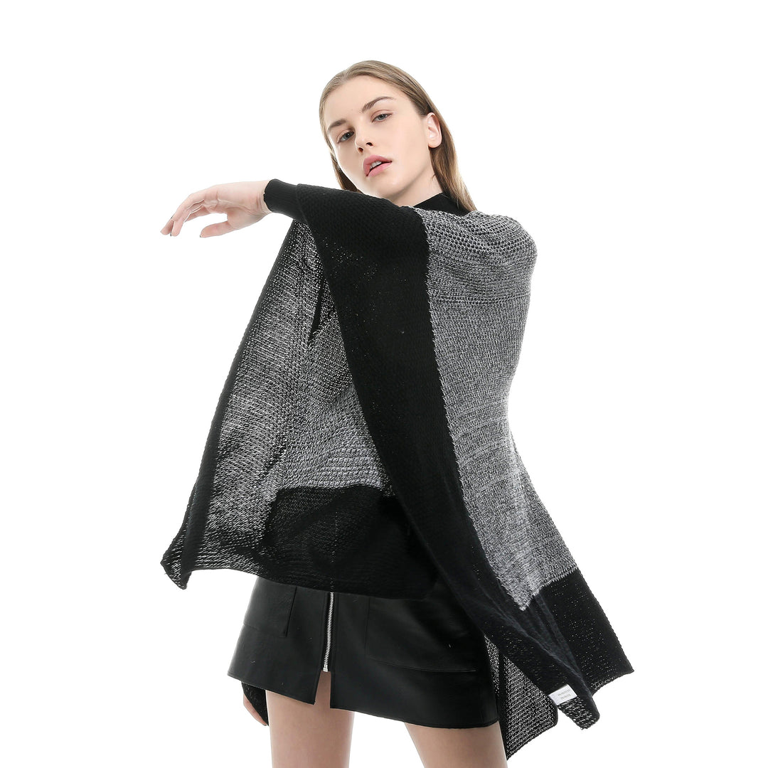 Women Open Knit Ruana with Waterfall Hem and Block Stripes Mune Fashion