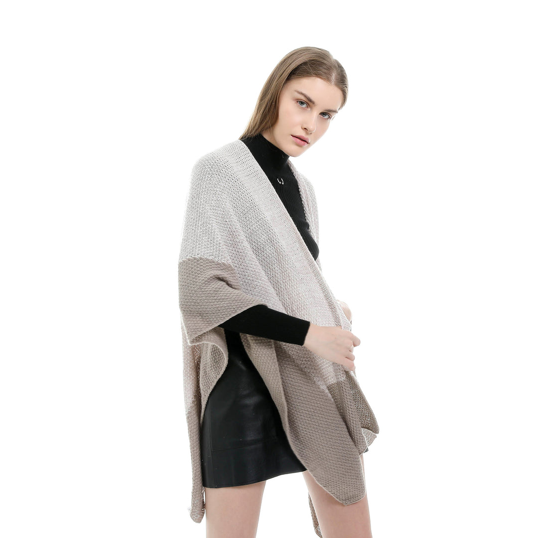 Women Open Knit Ruana with Waterfall Hem and Block Stripes Mune Fashion