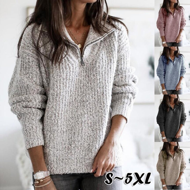 Women's soft structure knit sweater with half zip and turtleneck Mune Fashion
