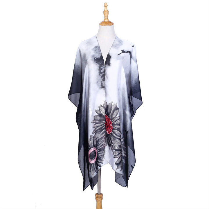 Women's Silk-like Kaftan Cover-up with Large Sunflower Print Mune Fashion