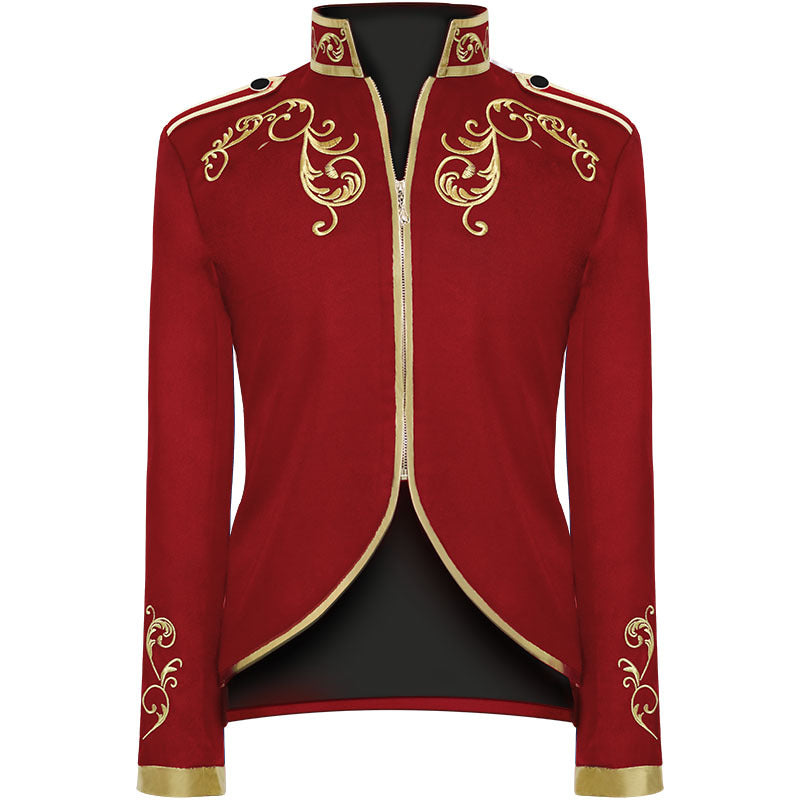 Men's fitted brocade coat in military style with stand-up collar and decorative cord.