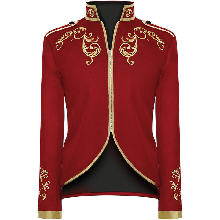 Men's fitted brocade coat in military style with stand-up collar and decorative cord.