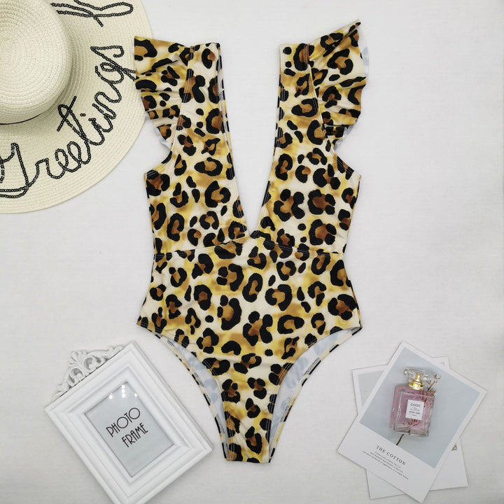 Women's One-Piece Swimsuit with Deep V-Neck and Cheerful Floral Pattern Mune Fashion