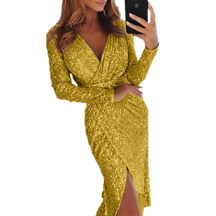 Women shimmering wrap midi dress with V-neck long sleeves side leg slit Mune Fashion