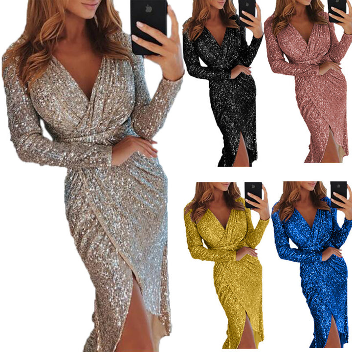 Women shimmering wrap midi dress with V-neck long sleeves side leg slit Mune Fashion