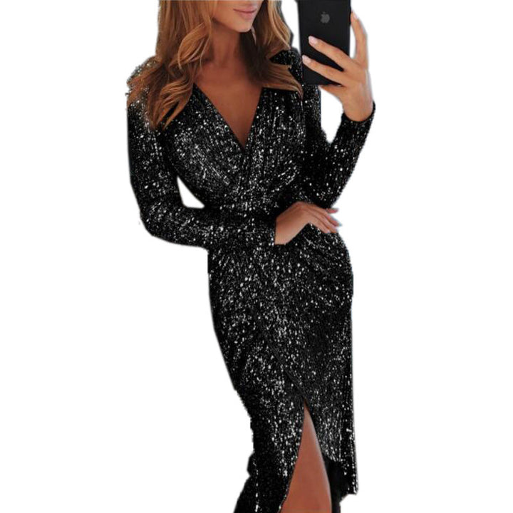 Women shimmering wrap midi dress with V-neck long sleeves side leg slit Mune Fashion