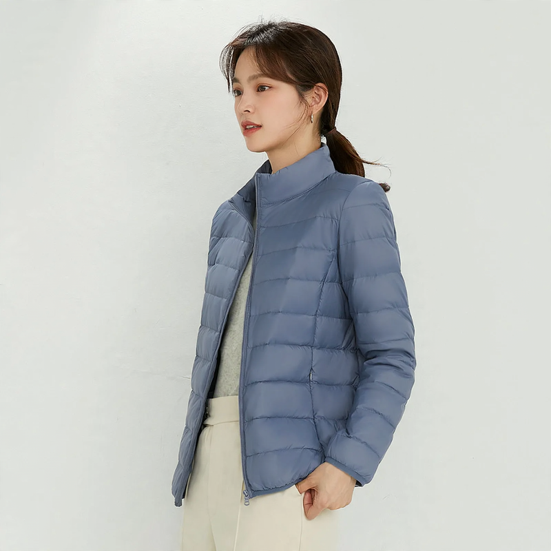 Light women's down jacket with stand-up collar, white duck down