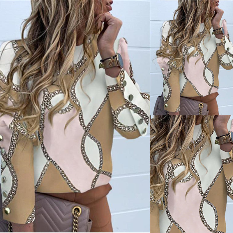 Ladies Silky Print Blouse Shirt with Decorative Chain Pattern and Cuffed Sleeves Mune Fashion