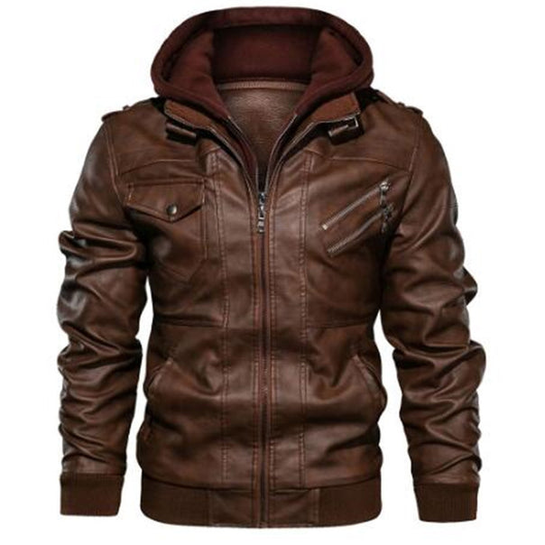 Men's Casual Leather Jacket with Hood Mune Fashion