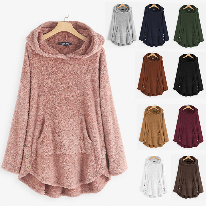Women's cuddly teddy hoodie with kangaroo pocket, button placket on the sides and rounded hem Mune Fashion