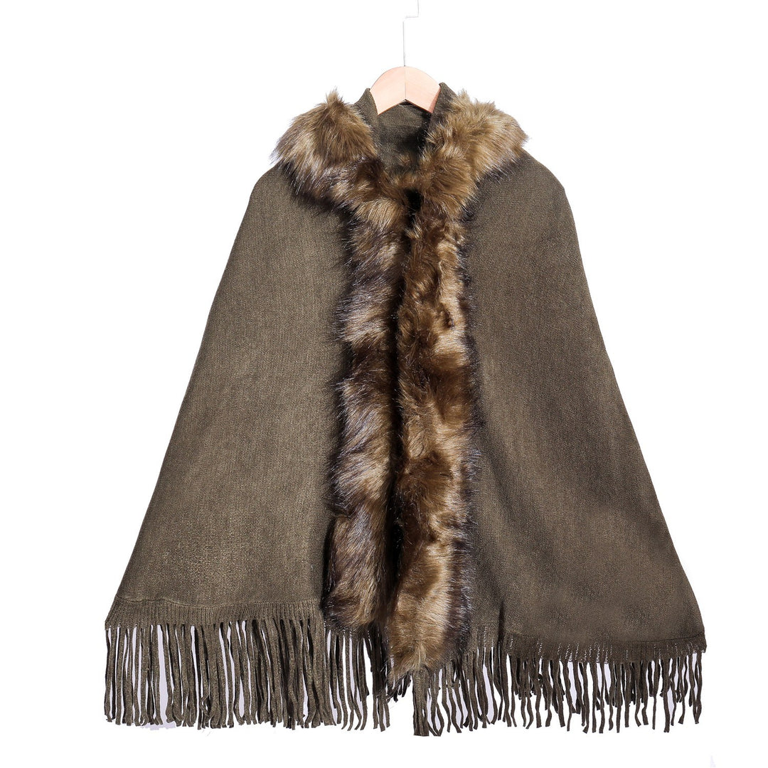 Women's Elegant Wool Blend Cape Poncho with Removable Faux Fur Trim and Fringed Hem Mune Fashion