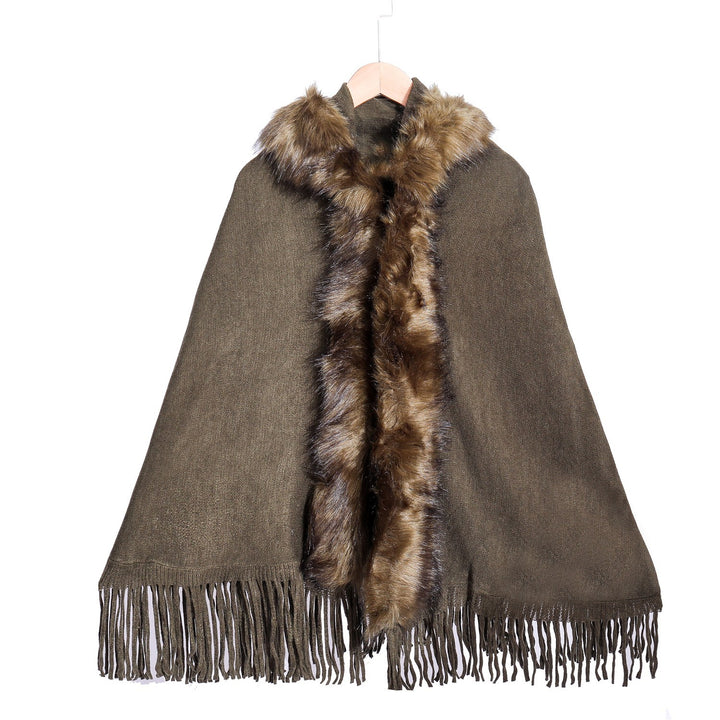 Women's Elegant Wool Blend Cape Poncho with Removable Faux Fur Trim and Fringed Hem Mune Fashion