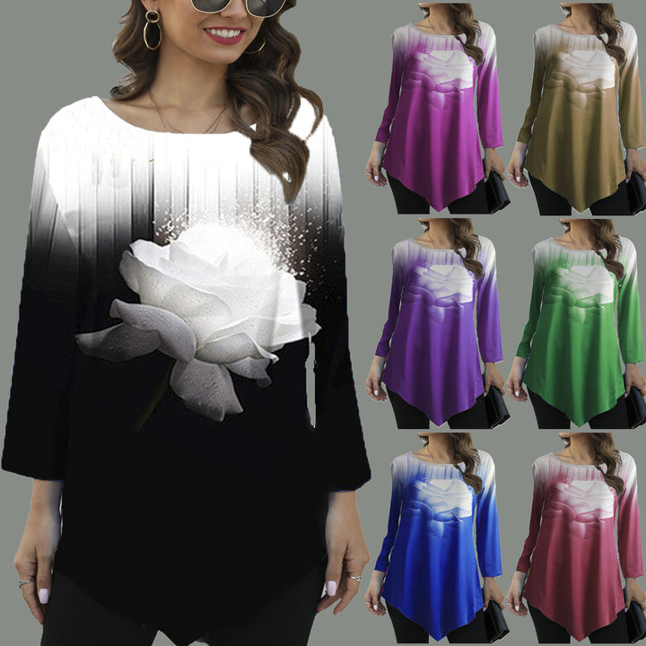 Ladies Asymmetrical Longline Tunic with Rose Print and Round Neckline Mune Fashion