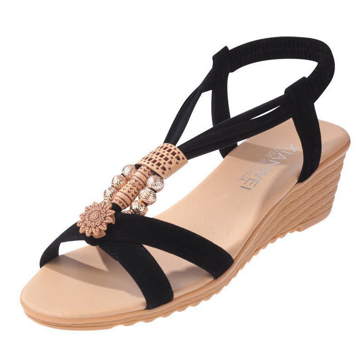 Women's T-Strap Comfort Wedge Sandals with Elastic Heel Band and Pearl Decoration Mune Fashion