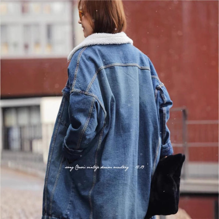 Padded denim jacket with lambskin look, mid-length