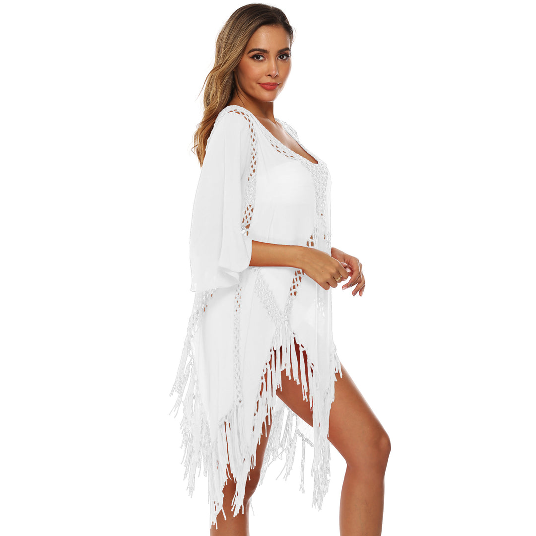 Women's elegant crochet beach cover-up with fringes Mune Fashion