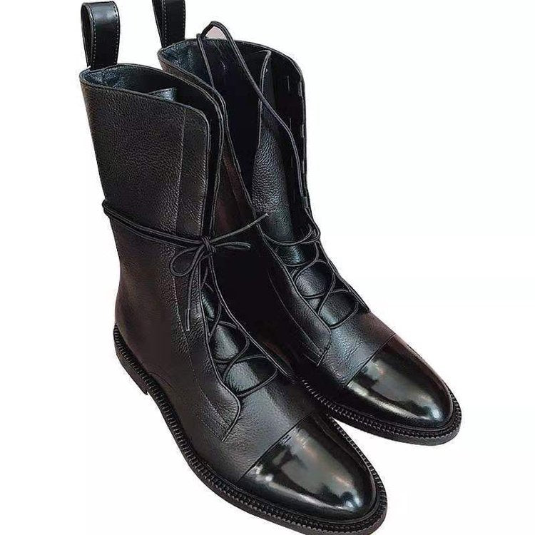 Women's elegant lace-up boots with cap toes, decorated lacing detail, and practical pull loops Mune Fashion
