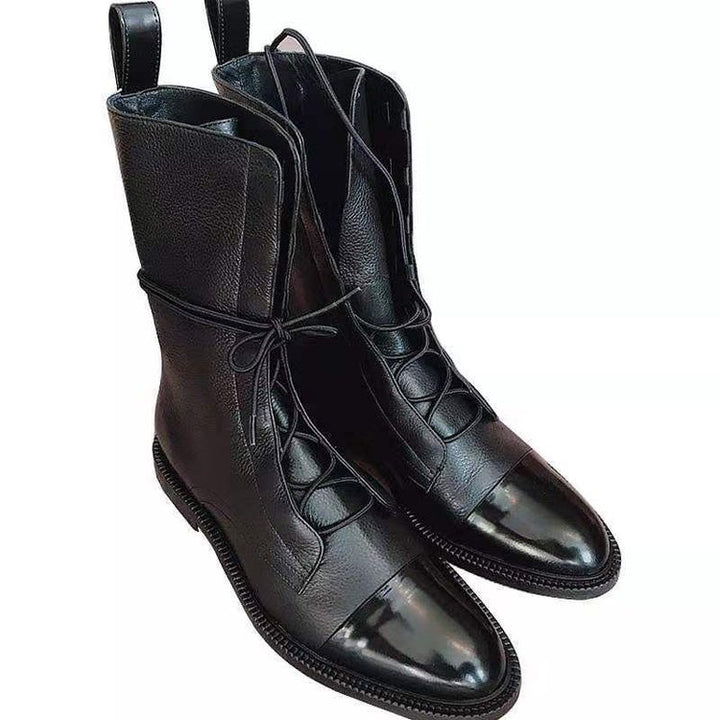 Women's elegant lace-up boots with cap toes, decorated lacing detail, and practical pull loops Mune Fashion