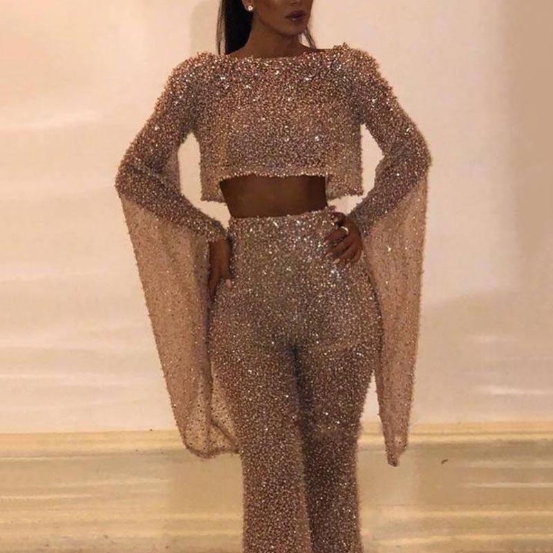 Women's Sparkling Two-Piece Set with Wide Leg and Long Sleeves Mune