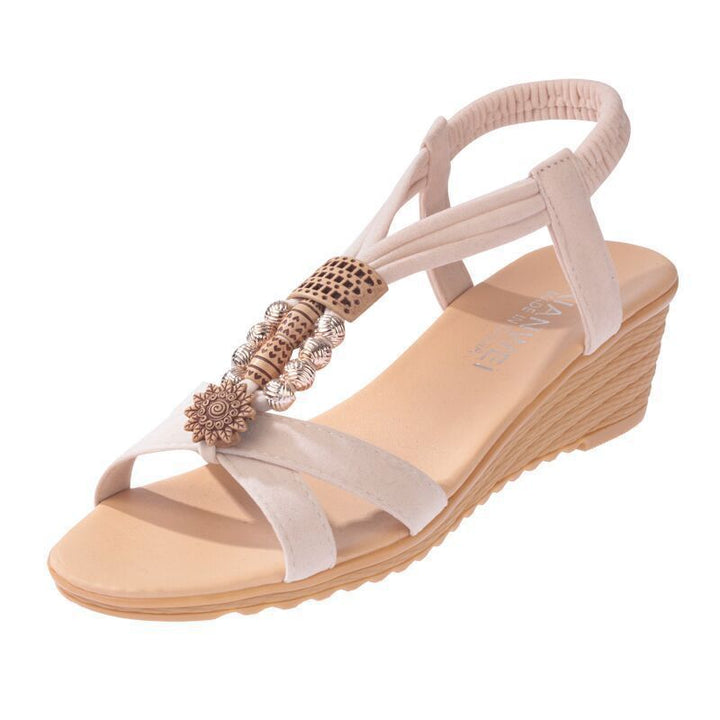 Women's T-Strap Comfort Wedge Sandals with Elastic Heel Band and Pearl Decoration Mune Fashion