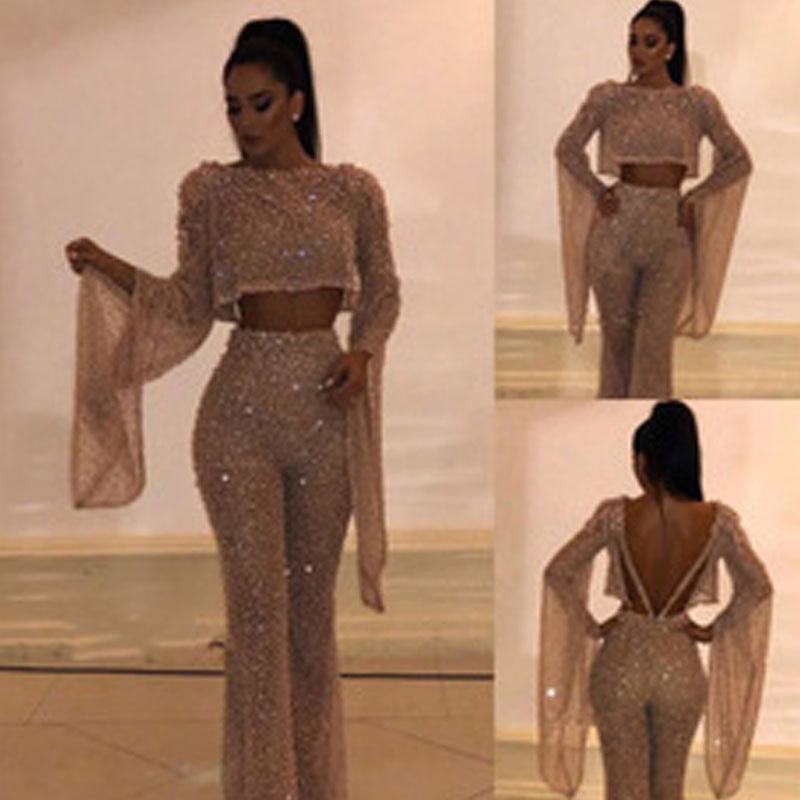 Women's Sparkling Two-Piece Set with Wide Leg and Long Sleeves Mune
