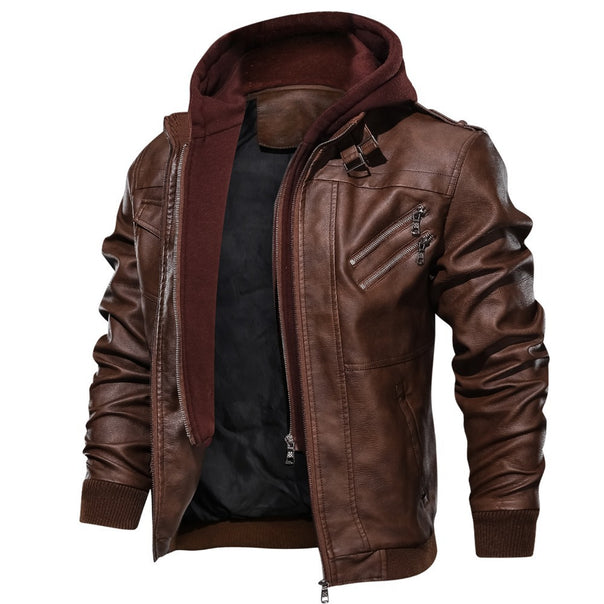 Men's Stylish Leather Jacket with Removable Hood Mune Fashion