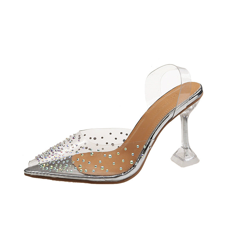 Ladies PVC mule with pointed toe rhinestone embellishment plexiglass heel and padded insole Mune Fashion