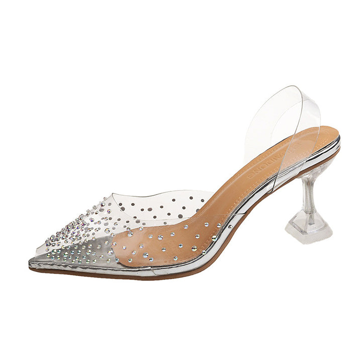 Ladies PVC mule with pointed toe rhinestone embellishment plexiglass heel and padded insole Mune Fashion