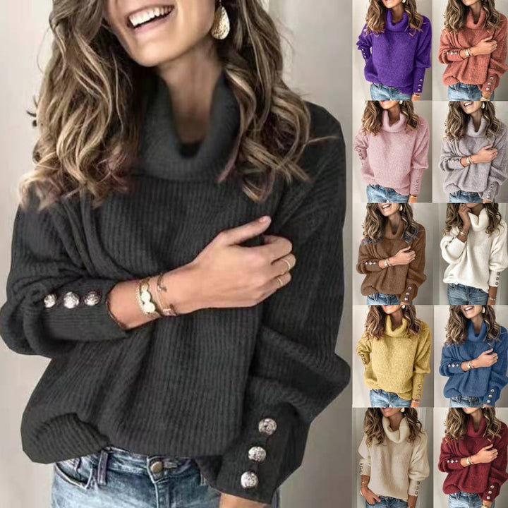 Women's Oversized Turtleneck Sweater made of Fine Knit with Decorative Button Sleeves Mune Fashion