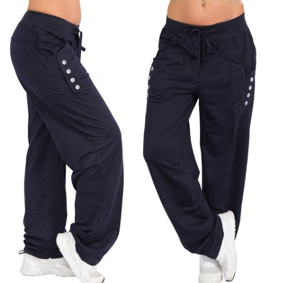 Women's wide leisure harem pants with drawstring and decorative button plackets Mune Fashion