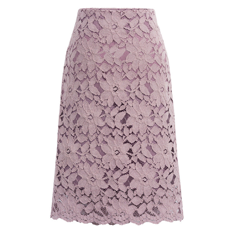 Ladies knee-length A-line lace skirt with floral appliqué lace, high waist and wavy hem Mune Fashion
