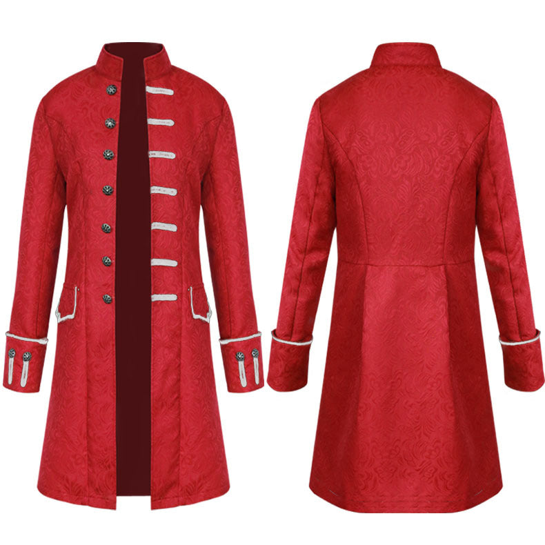 Men's fitted brocade coat in military style with stand-up collar and decorative cord.