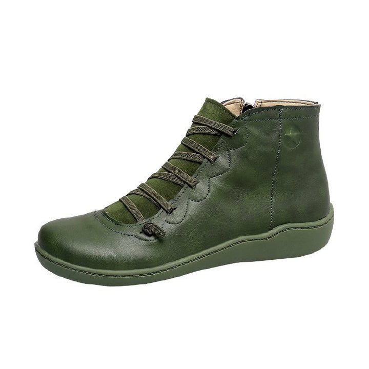 Women's ankle-high lace-up boot with side zipper, soft leatherette, padded comfort footbed, and flexible lightweight sole Mune Fashion