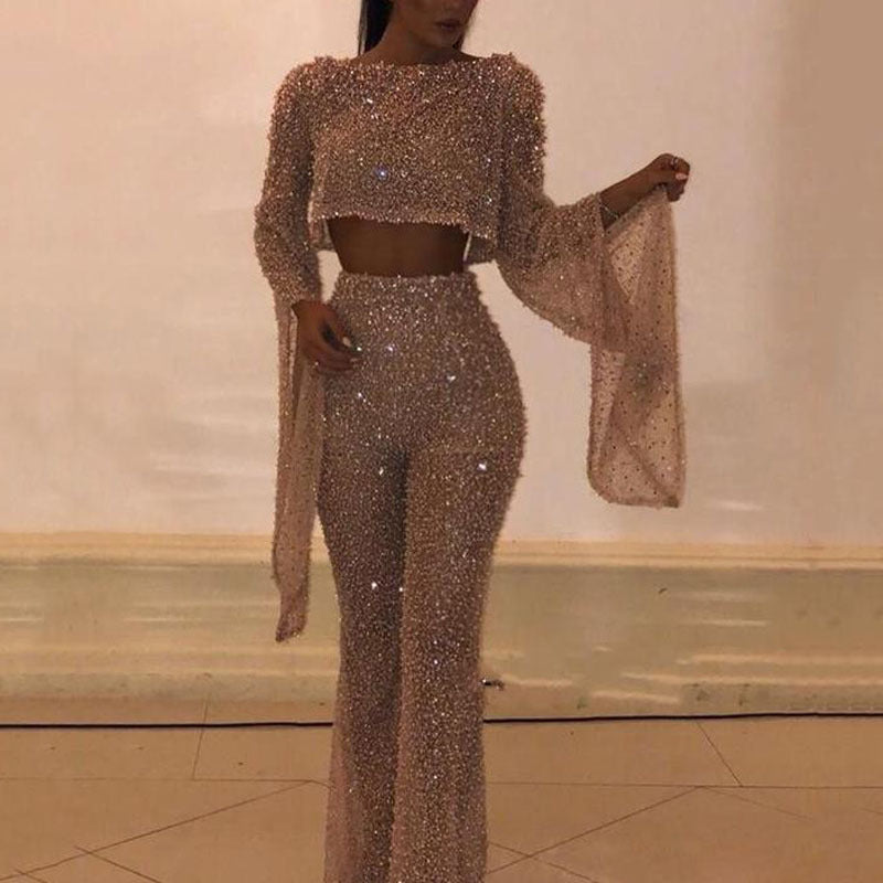 Women's Sparkling Two-Piece Set with Wide Leg and Long Sleeves Mune