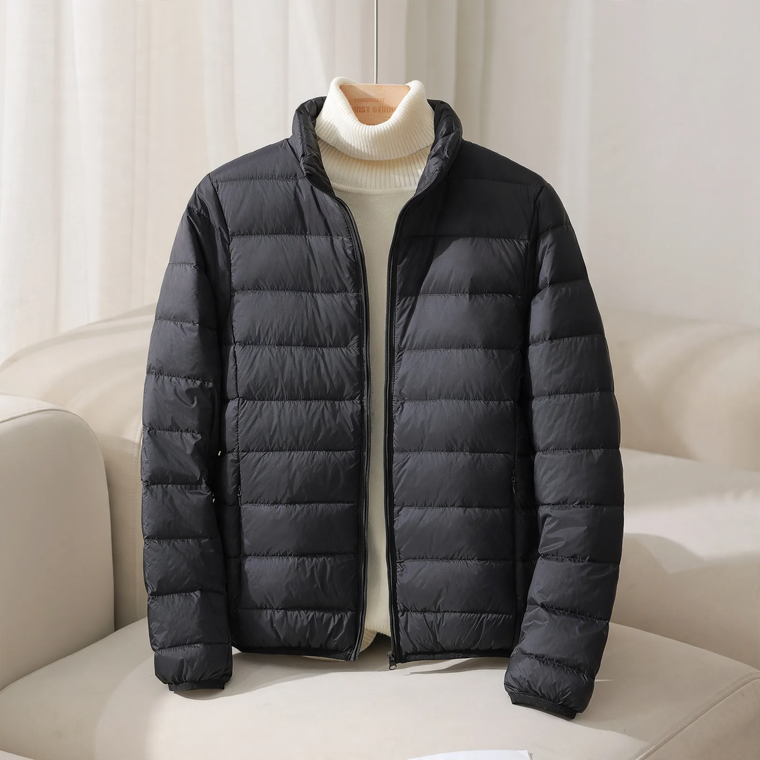Short, lightweight women's down jacket, stand collar