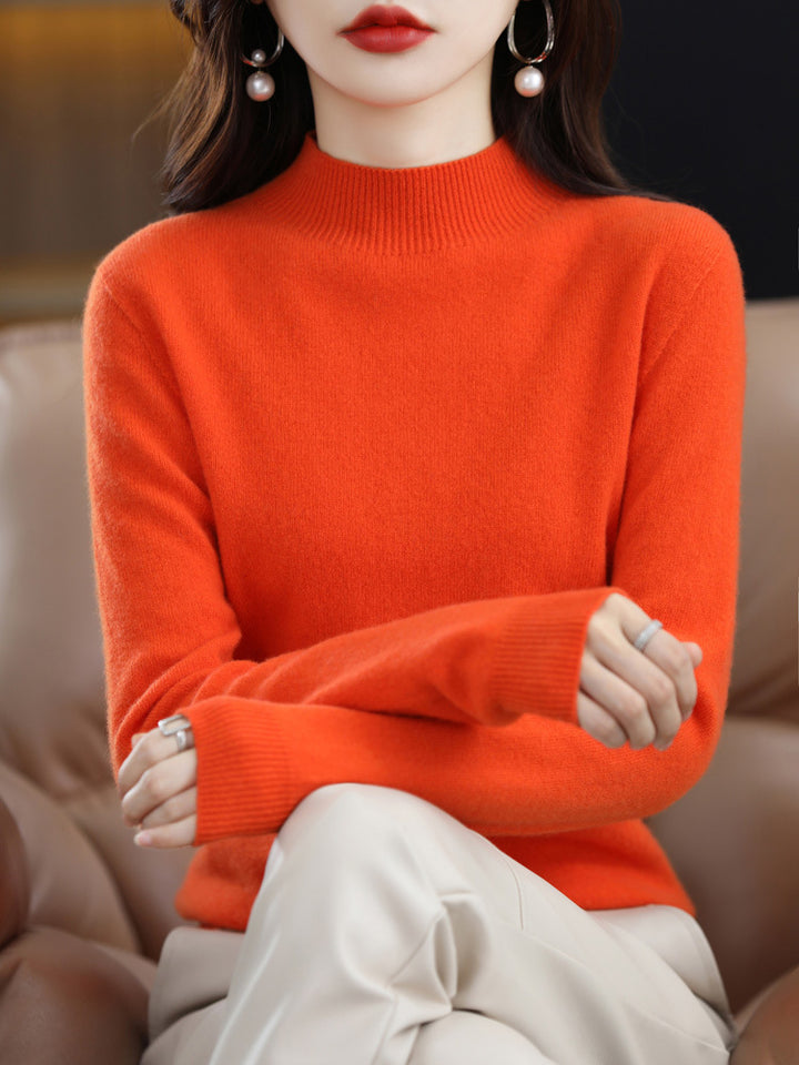 Wool pullover with rolled hem and stand-up collar